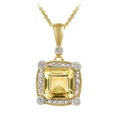 18K Gold over Sterling Silver 2.35ct Citrine & Diamond Accent Square Pendant