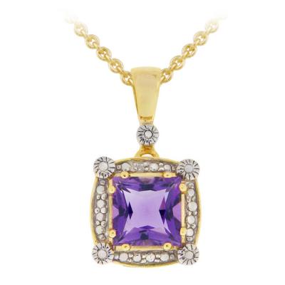 18K Gold over Sterling Silver Two Tone 2.35ct TGW Amethyst & Diamond Accent Square Pendant