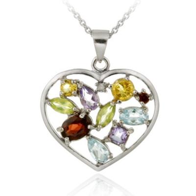 Sterling Silver Multi Gemstone & Diamond Accent Heart Pendant