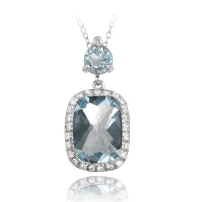 Sterling Silver 10ct Blue Topaz & CZ Rectangular Necklace