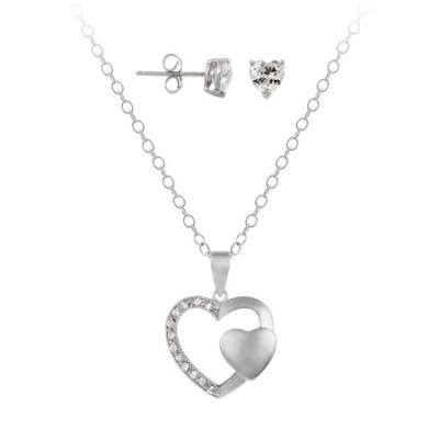 Sterling Silver CZ Twin Heart Necklace & Stud Earrings Set