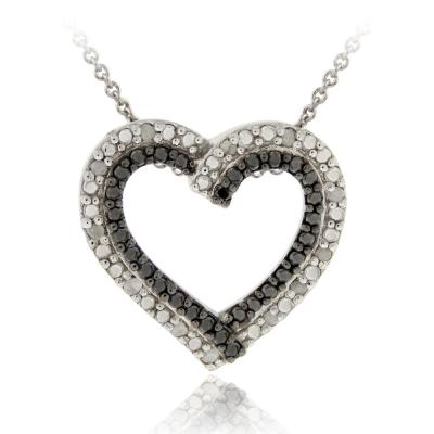 Sterling Silver 1/8CT TDW Black & White Diamond Heart Pendant