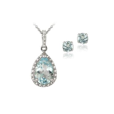 Sterling Silver 4.3ct Blue Topaz & Diamond Accent Teardrop Necklace Earrings Set