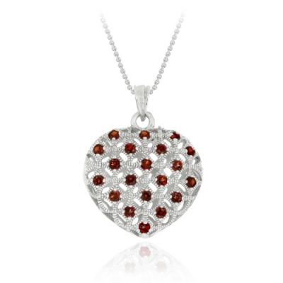 Sterling Silver Genuine Garnet Puffed Heart Pendant