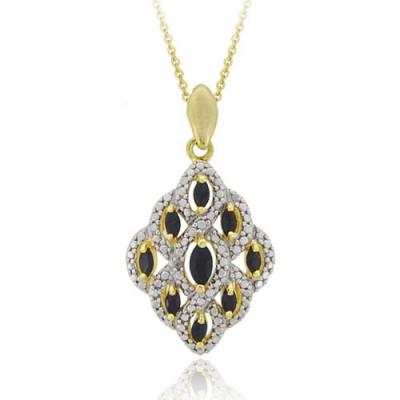 18K Gold over Sterling Silver Genuine Sapphire & Diamond Marquise Shaped Pendant