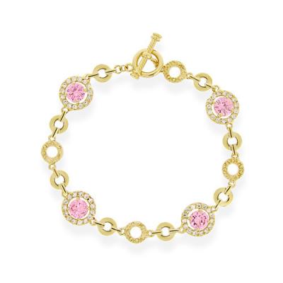 18K Gold Over Sterling Silver Light Pink & Clear CZ Circle Link Bracelet