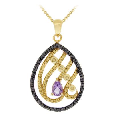 18K Gold over Sterling Silver Amethyst & Black Diamond Accent Teardrop Pendant
