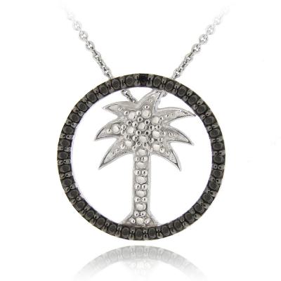Sterling Silver Black Diamond Accent Palm Tree in Circle Pendant