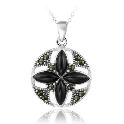 Sterling Silver Onyx & Marcasite Round Flower Pendant