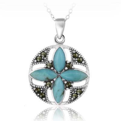 Sterling Silver Created Turquoise & Marcasite Round Flower Pendant