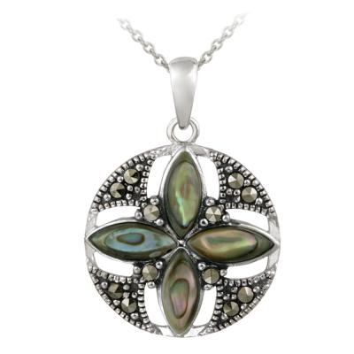 Sterling Silver Abalone & Marcasite Round Flower Pendant