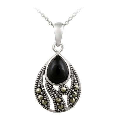 Sterling Silver Onyx & Marcasite Teardrop Pendant