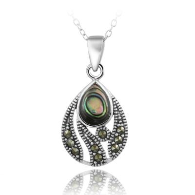 Sterling Silver Abalone & Marcasite Teardrop Pendant