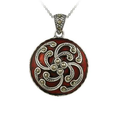 Sterling Silver Marcasite & Red Enamel Circle Pendant