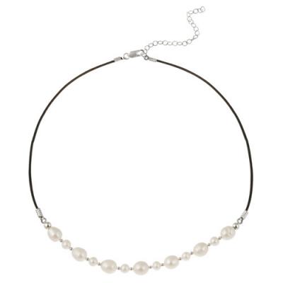 Sterling Silver Freshwater Cultured White Pearl on Leather Beaded Necklace