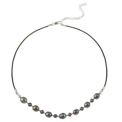 Sterling Silver Freshwater Cultured Peacock Pearl on Leather Beaded Necklace
