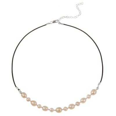 Sterling Silver Freshwater Cultured Peach Pearl on Leather Beaded Necklace