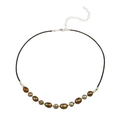 Sterling Silver Freshwater Cultured Multi Colored Brown Pearl on Leather Beaded Necklace