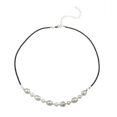Sterling Silver Freshwater Cultured Gray Pearl on Leather Beaded Necklace