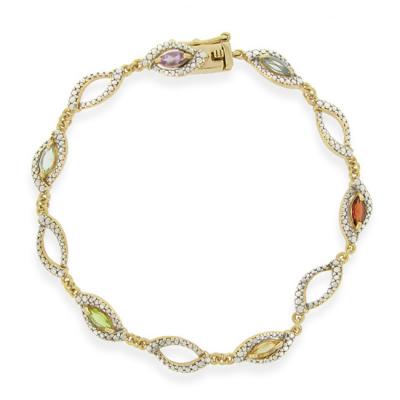 18K Gold over Sterling Silver Multi Gemstone & Diamond Accent Marquise Link Bracelet