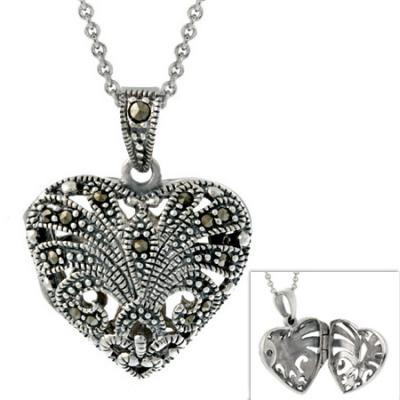 Sterling Silver Marcasite Antique-Styled Heart Locket Pendant