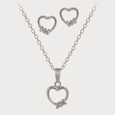 Sterling Silver Open Heart CZ Stones Pendant & Earrings Set