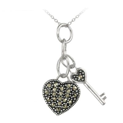 Sterling Silver Marcasite Heart & Key Pendant