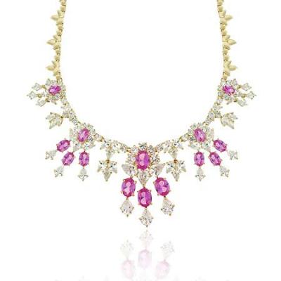Vermeil (24K Gold over Sterling Silver) Simulated Diamond & Dark Pink cz Stone WaterFall Estate Necklace
