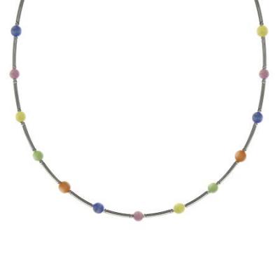 Sterling Silver .925 Multi Color Pastel Glass Cats Eye Stone Bar and Bead Necklace