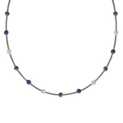 Sterling Silver .925 Reconstituted Turquoise Genuine Mother of Pearl Denim Lapis Stone Bar and Bead Necklace