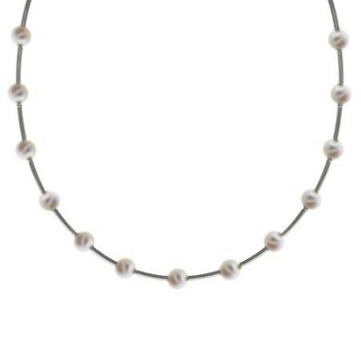 Sterling Silver .925 Simulated White Pearl Stone Bar and Bead Necklace
