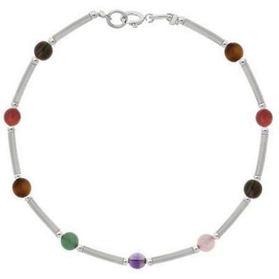 Sterling Silver Multi Color Genuine Stones Bar and Bead Bracelet
