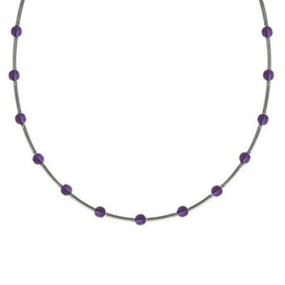 Sterling Silver .925 Genuine Amethyst Stone Bar and Bead Necklace