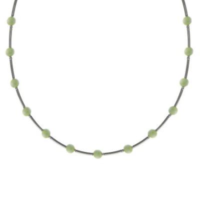 Sterling Silver .925 Glass Light Green Cats Eye Stone Bar and Bead Necklace
