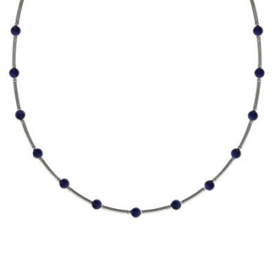 Sterling Silver .925 Genuine Denim Lapis Stone Bar and Bead Necklace