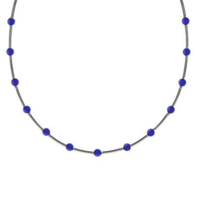 Sterling Silver .925 Glass Dark Blue Cats Eye Stone Bar and Bead Necklace