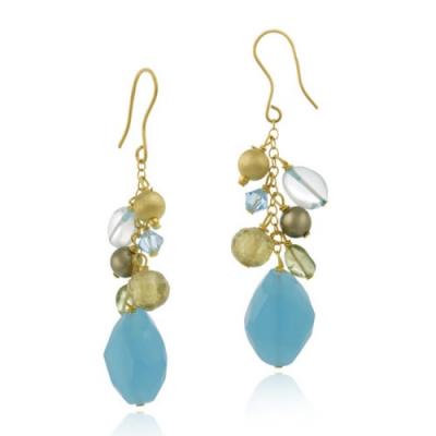 18K Gold over Silver Cluster of Satin, Green Crystal, Blue Quartz, Peridot Beads w/ Dangling Blue Quartz Stone Necklace