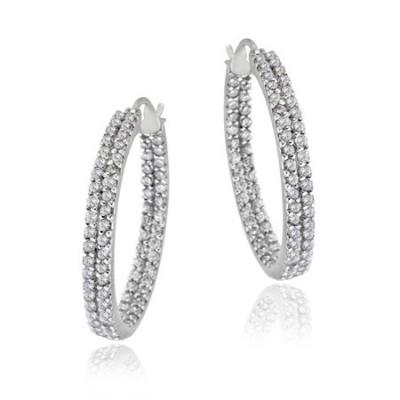 Sterling Silver 25mm Two Row Inside Out CZ Hoop Earrings