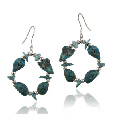 Sterling Silver Created Turquoise Chips Open Circle Dangle Earrings