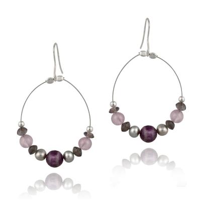 Sterling Silver Gray Pearls, Amethyst Chips & Stones Dangle Wire Earrings