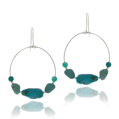 Sterling Silver Created Turquoise Nuggets Dangle Wire Earrings