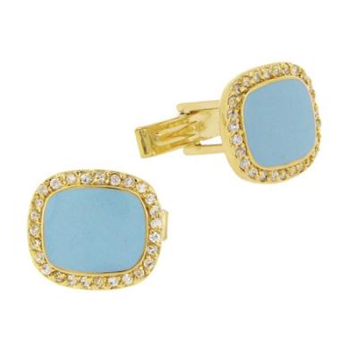 18k Gold Over Sterling Silver Teal Enamel & CZ Mens Cufflinks