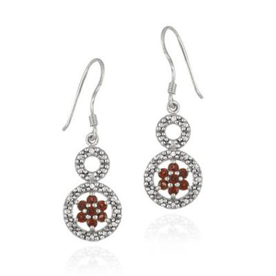 Sterling Silver Garnet Flower & Diamond Accent Double Circle Earrings