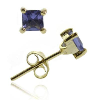 18K Gold over Sterling Silver Tanzanite CZ Square Stud Earrings, 4mm
