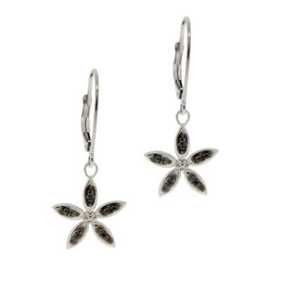 Sterling Silver Black Diamond Accent Flower Dangle Leverback Earrings