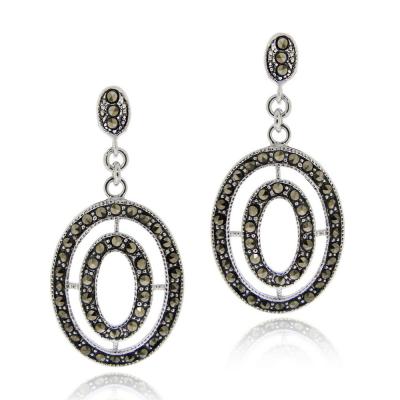 Sterling Silver Marcasite Double Oval Dangle Earrings