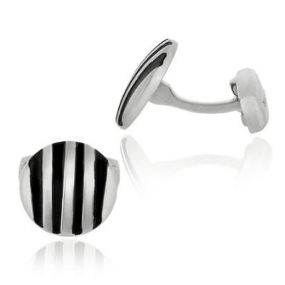 Stainless Steel & Black Enamel Stripe Round Mens Cufflinks