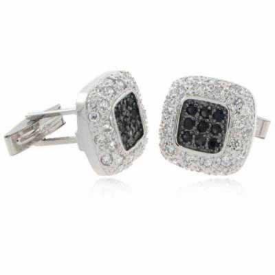 Sterling Silver Black & Clear CZ Pave Square Mens Cufflinks