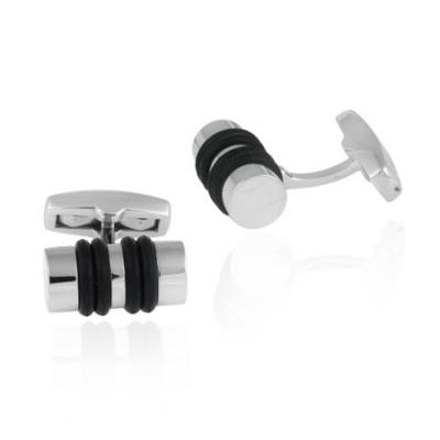 Stainless Steel & Black Rubber Striped Tube Mens Cufflinks