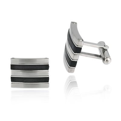 Brushed Stainless Steel and Black Rubber Stripe Rectangle Cufflinks